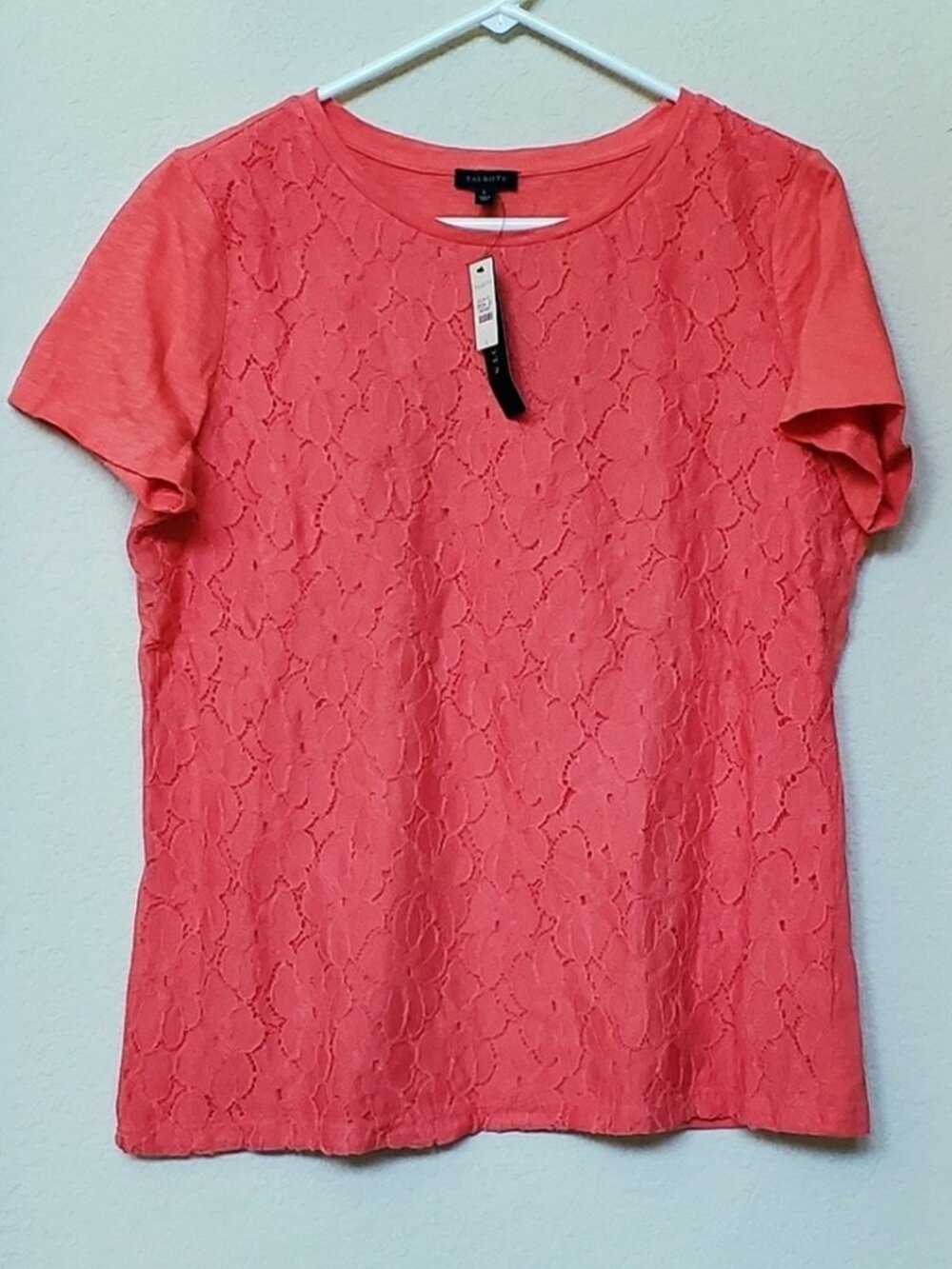 Talbots Coral Salmon Floral Lace Overlay Short Sleeve Blouse NWT Crew Neck Top - Picture 2 of 2